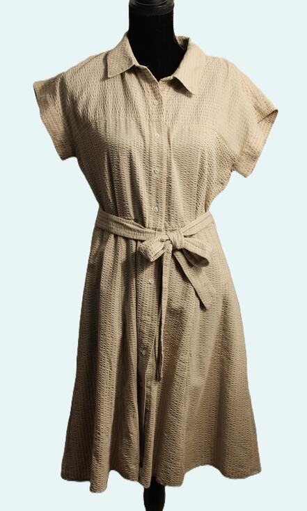 Chaps Dresses & Skirts - Chaps Women's Cream Seersucker Belted Shirt Dress Size 12 Short Sleeve
